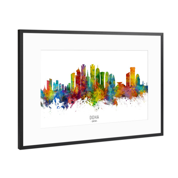 Poster mit Rahmen Schwarz (Metallic) "Doha Qatar Skyline txt" artboxONE - Städte - Doha,Qatar,Skyline,Cityscape,Stadtbild,Watercolor,Painting