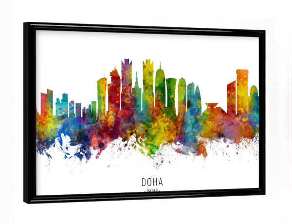 Poster mit schwarzem Rahmen "Doha Qatar Skyline txt" artboxONE - Städte - Doha,Qatar,Skyline,Cityscape,Stadtbild,Watercolor,Painting