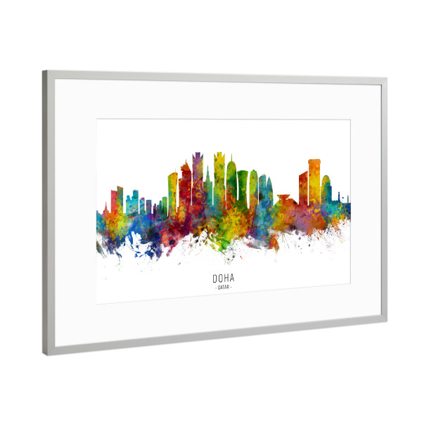 Poster mit Rahmen Silber "Doha Qatar Skyline txt" artboxONE - Städte - Doha,Qatar,Skyline,Cityscape,Stadtbild,Watercolor,Painting