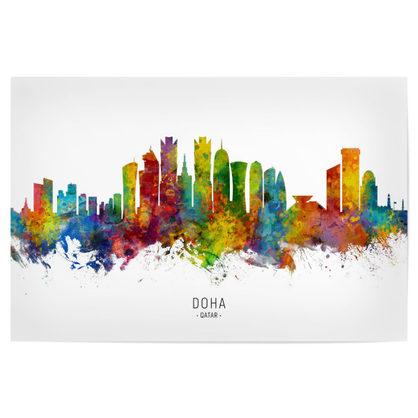 Poster 30x20 cm "Doha Qatar Skyline txt" artboxONE - Städte - Doha,Qatar,Skyline,Cityscape,Stadtbild,Watercolor,Painting