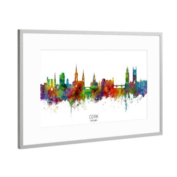 Poster mit Rahmen Silber "Cork Ireland Skyline txt" artboxONE - Städte - Cork,Ireland,Skyline,Cityscape,Stadtbild,Watercolor,Painting