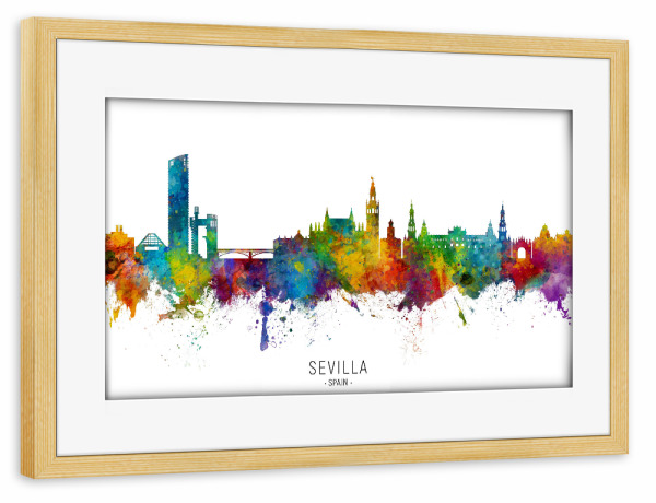 Poster mit Rahmen kiefer "Sevilla Spain Skyline txt" artboxONE - Städte - Sevilla,Spain,Skyline,Cityscape,Stadtbild,Watercolor,Painting