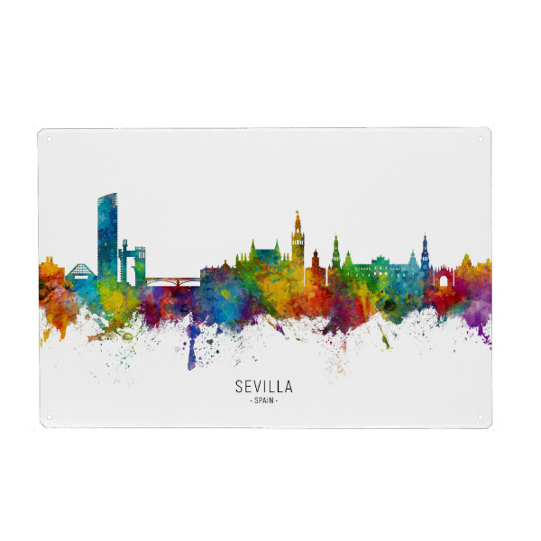 Holzbild "Sevilla Spain Skyline txt" artboxONE - Städte - Sevilla,Spain,Skyline,Cityscape,Stadtbild,Watercolor,Painting