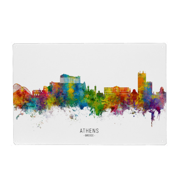 Metall Poster "Athens Greece Skyline txt" artboxONE - Städte - Athens,Greece,Skyline,Cityscape,Stadtbild,Watercolor,Painting - Blechschild