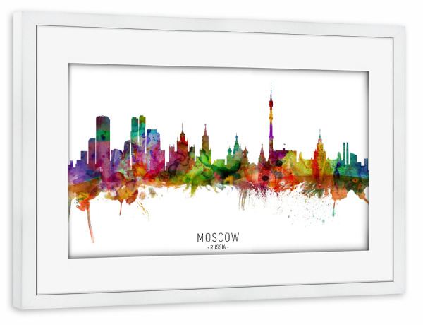 Poster mit Rahmen weiß "Moscow Russia Skyline txt" artboxONE - Städte - Moscow,Russia,Skyline,Cityscape,Stadtbild,Watercolor,Painting
