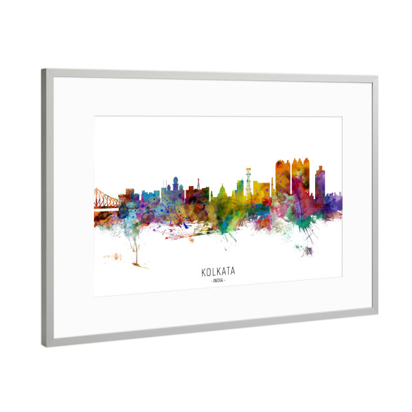 Poster mit Rahmen Silber "Kolkata India Skyline txt" artboxONE - Städte - Kolkata,India,Skyline,Cityscape,Stadtbild,Watercolor,Painting