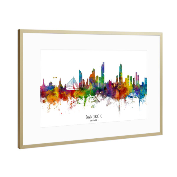Poster mit Rahmen Gold "Bangkok Thailand Skyline txt" artboxONE - Städte - Bangkok,Thailand,Skyline,Cityscape,Stadtbild,Watercolor,Painting