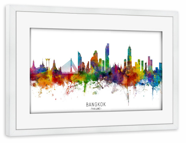Poster mit Rahmen weiß "Bangkok Thailand Skyline txt" artboxONE - Städte - Bangkok,Thailand,Skyline,Cityscape,Stadtbild,Watercolor,Painting