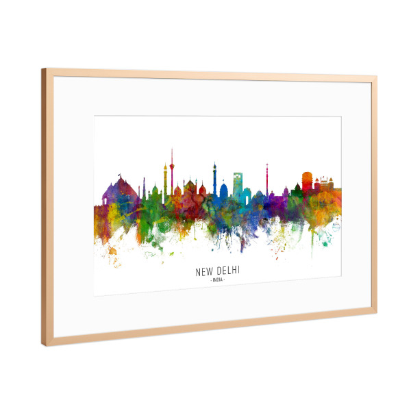 Poster mit Rahmen Kupfer "New Delhi India Skyline txt" artboxONE - Städte - New delhi,India,Skyline,Cityscape,Stadtbild,Watercolor,Painting
