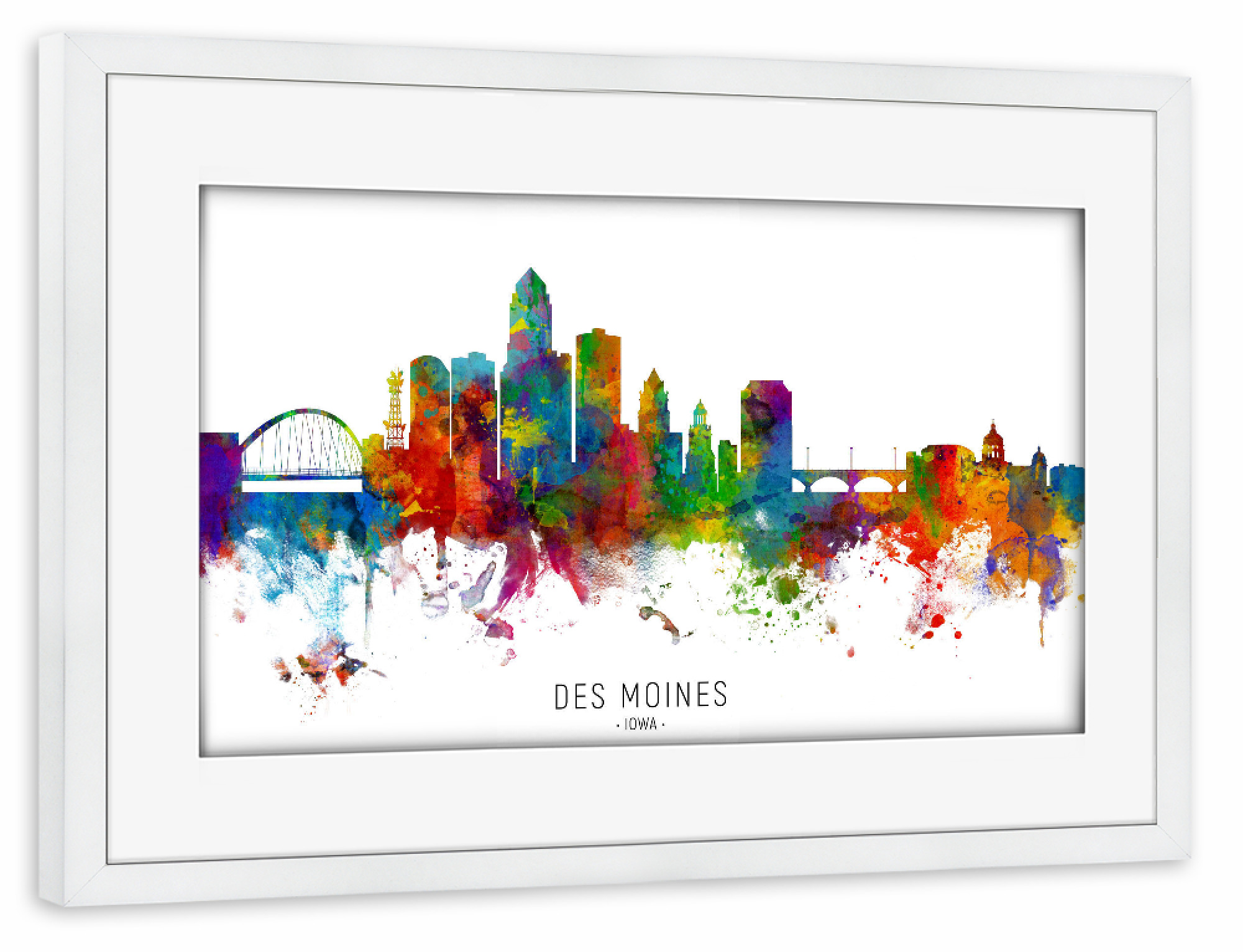 Poster mit Rahmen weiß "Des Moines Iowa Skyline txt" artboxONE - Städte - Des moines,Iowa,Skyline,Cityscape,Stadtbild,Watercolor,Painting