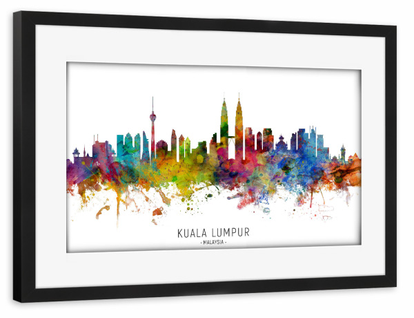Poster mit Rahmen schwarz "Kuala Lumpur Malaysia Skyline txt" artboxONE - Städte