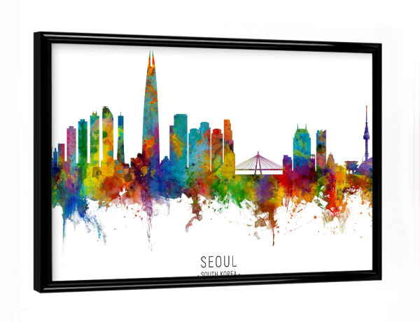 Poster mit schwarzem Rahmen "Seoul Skyline South Korea txt" artboxONE - Städte - Seoul,South korea,Skyline,Cityscape,Stadtbild,Watercolor,Painting