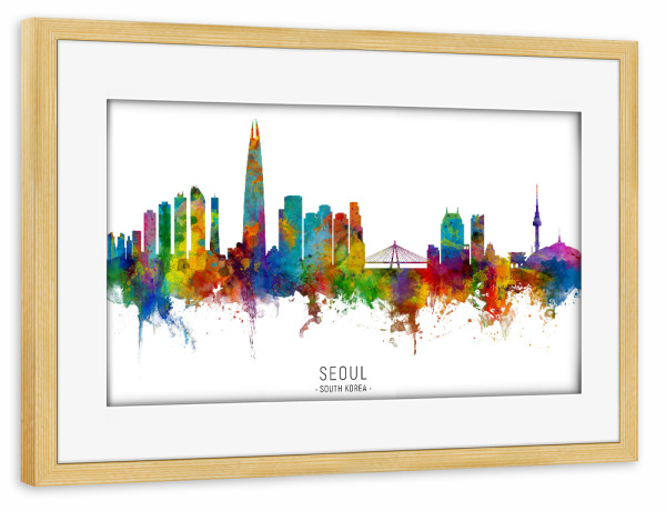 Poster mit Rahmen kiefer "Seoul Skyline South Korea txt" artboxONE - Städte - Seoul,South korea,Skyline,Cityscape,Stadtbild,Watercolor,Painting
