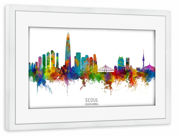 Poster mit Rahmen weiß "Seoul Skyline South Korea txt" artboxONE - Städte - Seoul,South korea,Skyline,Cityscape,Stadtbild,Watercolor,Painting