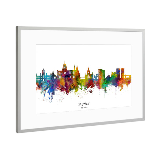 Poster mit Rahmen Silber "Galway Ireland Skyline txt" artboxONE - Städte - Galway,Ireland,Skyline,Cityscape,Stadtbild,Watercolor,Painting