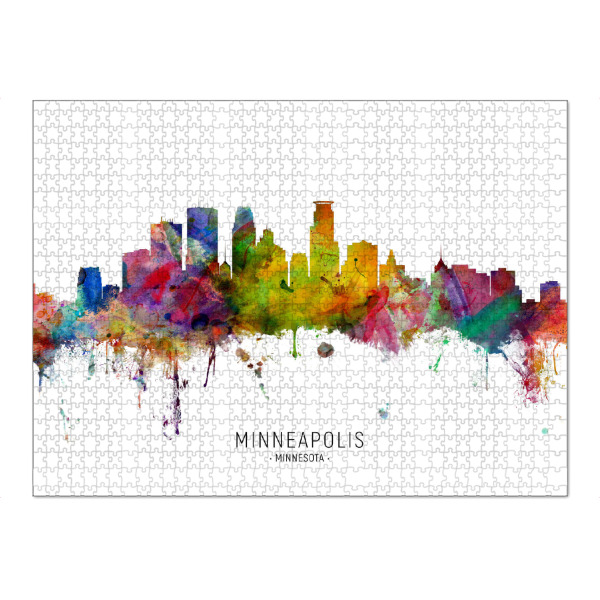 Puzzle Ravensburger "Minneapolis Minnesota Skyline txt" artboxONE - Städte - Minneapolis,Minnesota,Skyline,Cityscape,Stadtbild,Watercolor,Painting