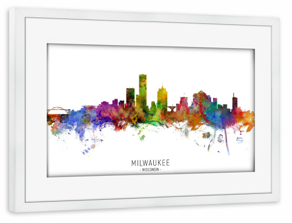 Poster mit Rahmen weiß "Milwaukee Wisconsin Skyline txt" artboxONE - Städte - Milwaukee,Wisconsin,Skyline,Cityscape,Stadtbild,Watercolor,Painting