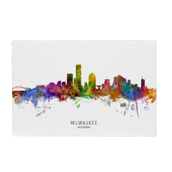 Holzbild "Milwaukee Wisconsin Skyline txt" artboxONE - Städte - Milwaukee,Wisconsin,Skyline,Cityscape,Stadtbild,Watercolor,Painting