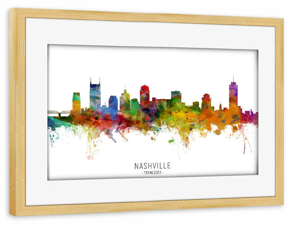 Poster mit Rahmen kiefer "Nashville Tennessee Skyline txt" artboxONE - Städte - Nashville,Tennessee,Skyline,Cityscape,Stadtbild,Watercolor,Painting