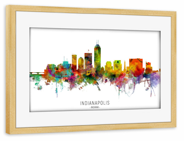 Poster mit Rahmen kiefer "Indianapolis Indiana Skyline txt" artboxONE - Städte - Indianapolis,Indiana,Skyline,Cityscape,Stadtbild,Watercolor,Painting