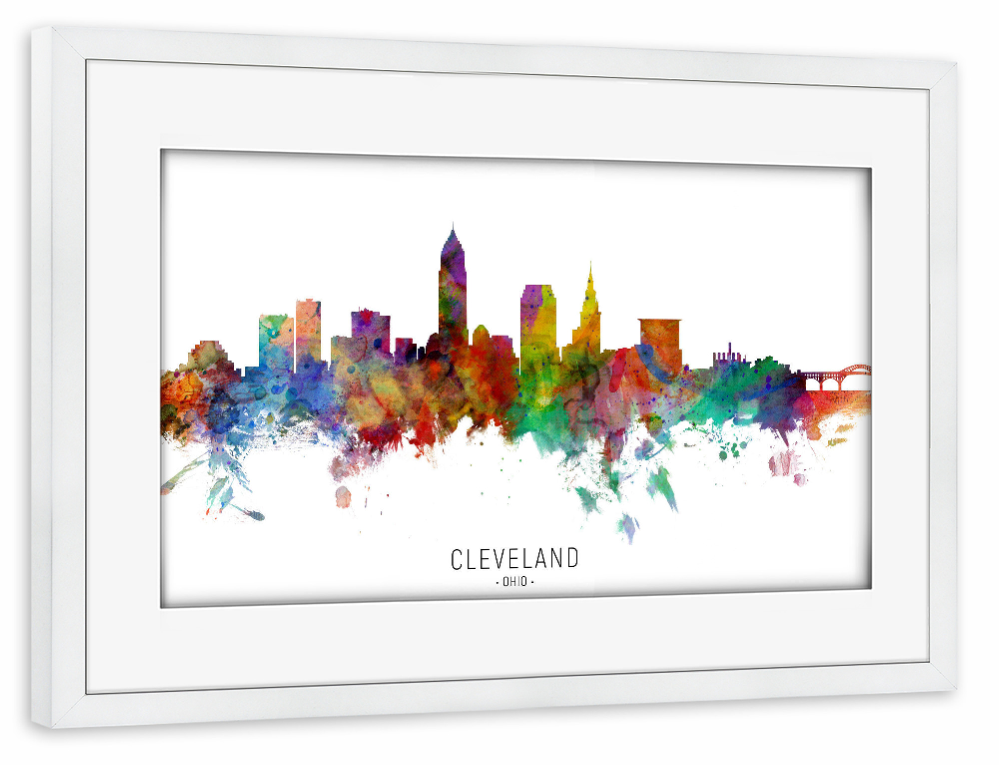 Poster mit Rahmen weiß "Cleveland Ohio Skyline txt" artboxONE - Städte - Cleveland,Ohio,Skyline,Cityscape,Stadtbild,Watercolor,Painting