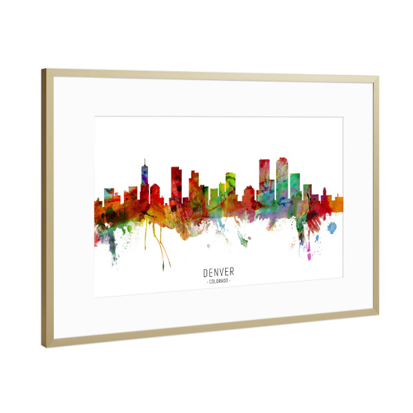Poster mit Rahmen Gold "Denver Colorado Skyline txt" artboxONE - Städte - Denver,Colorado,Skyline,Cityscape,Stadtbild,Watercolor,Painting