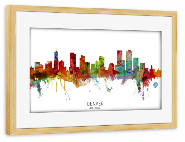Poster mit Rahmen kiefer "Denver Colorado Skyline txt" artboxONE - Städte - Denver,Colorado,Skyline,Cityscape,Stadtbild,Watercolor,Painting