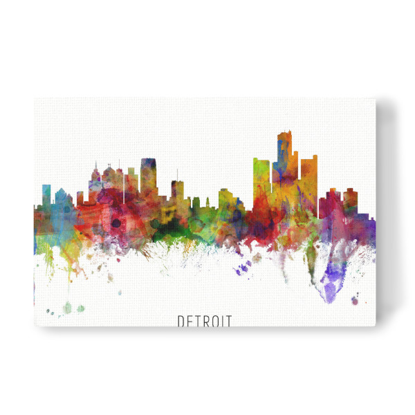 Leinwandbild "Detroit Michigan Skyline txt" artboxONE - Städte - Detroit,Michigan,Skyline,Cityscape,Stadtbild,Watercolor,Painting