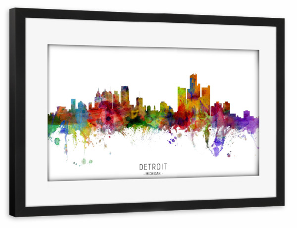 Poster mit Rahmen schwarz "Detroit Michigan Skyline txt" artboxONE - Städte - Detroit,Michigan,Skyline,Cityscape,Stadtbild,Watercolor,Painting