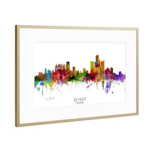 Poster mit Rahmen Gold "Detroit Michigan Skyline txt" artboxONE - Städte - Detroit,Michigan,Skyline,Cityscape,Stadtbild,Watercolor,Painting