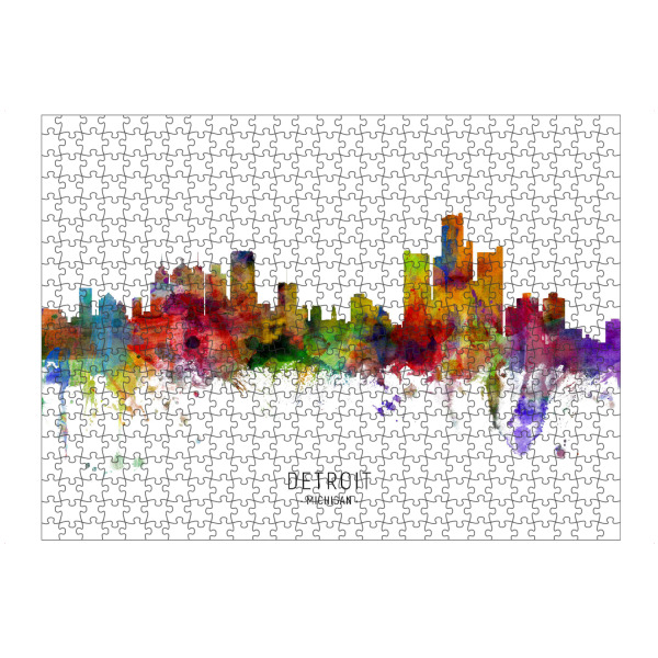 Puzzle Ravensburger "Detroit Michigan Skyline txt" artboxONE - Städte - Detroit,Michigan,Skyline,Cityscape,Stadtbild,Watercolor,Painting