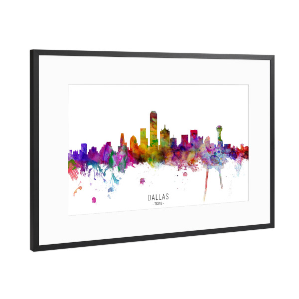 Poster mit Rahmen Schwarz (Metallic) "Dallas Texas Skyline txt" artboxONE - Städte - Dallas,Texas,Skyline,Cityscape,Stadtbild,Watercolor,Painting