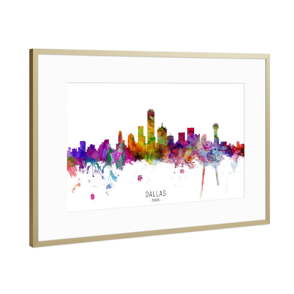 Poster mit Rahmen Gold "Dallas Texas Skyline txt" artboxONE - Städte - Dallas,Texas,Skyline,Cityscape,Stadtbild,Watercolor,Painting