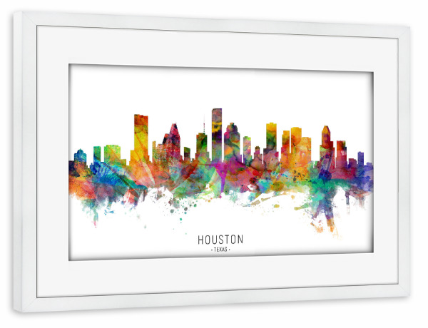 Poster mit Rahmen weiß "Houston Texas Skyline txt" artboxONE - Städte - Houston,Texas,Skyline,Cityscape,Stadtbild,Watercolor,Painting