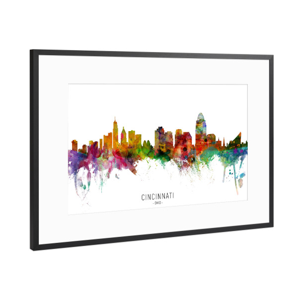 Poster mit Rahmen Schwarz (Metallic) "Cincinnati Ohio Skyline txt" artboxONE - Städte