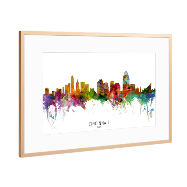 Poster mit Rahmen Kupfer "Cincinnati Ohio Skyline txt" artboxONE - Städte - Cincinnati,Ohio,Skyline,Cityscape,Stadtbild,Watercolor,Painting