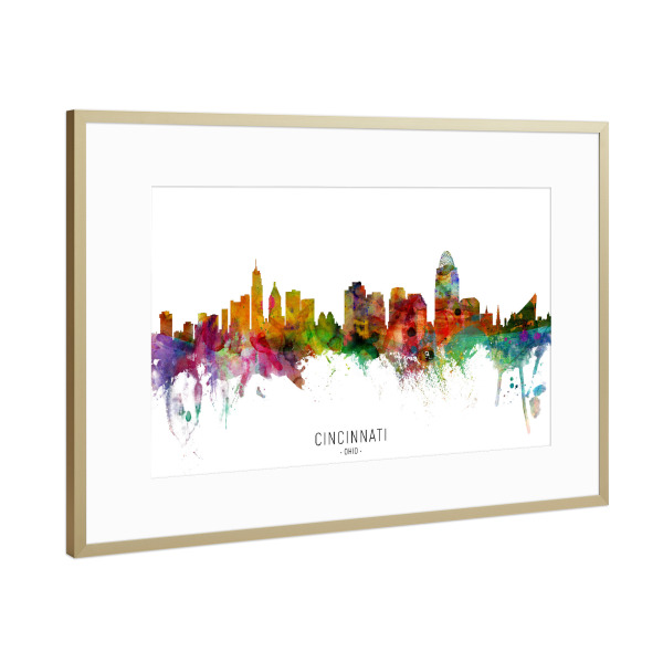 Poster mit Rahmen Gold "Cincinnati Ohio Skyline txt" artboxONE - Städte - Cincinnati,Ohio,Skyline,Cityscape,Stadtbild,Watercolor,Painting