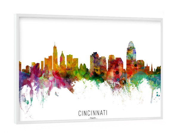 Poster mit weißem Rahmen "Cincinnati Ohio Skyline txt" artboxONE - Städte - Cincinnati,Ohio,Skyline,Cityscape,Stadtbild,Watercolor,Painting