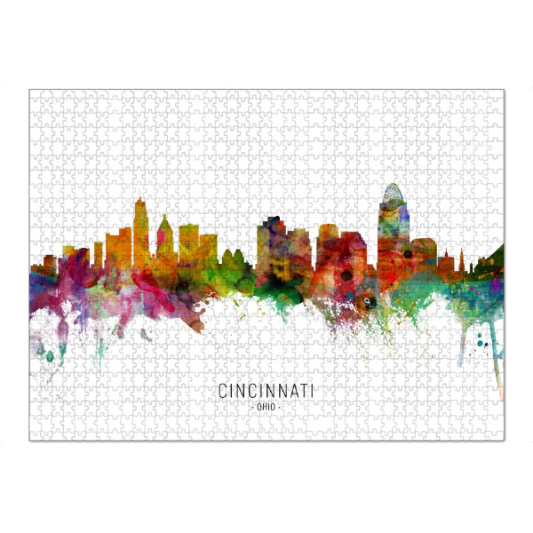 Puzzle Ravensburger "Cincinnati Ohio Skyline txt" artboxONE - Städte - Cincinnati,Ohio,Skyline,Cityscape,Stadtbild,Watercolor,Painting