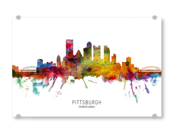 Acrylglasbild "Pittsburgh PA Skyline txt" artboxONE - Städte - Pittsburgh,Pennsylvania,Skyline,Cityscape,Stadtbild,Watercolor,Painting