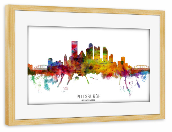 Poster mit Rahmen kiefer "Pittsburgh PA Skyline txt" artboxONE - Städte - Pittsburgh,Pennsylvania,Skyline,Cityscape,Stadtbild,Watercolor,Painting
