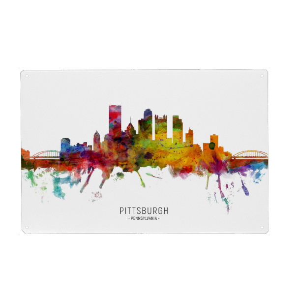 Holzbild "Pittsburgh PA Skyline txt" artboxONE - Städte - Pittsburgh,Pennsylvania,Skyline,Cityscape,Stadtbild,Watercolor,Painting