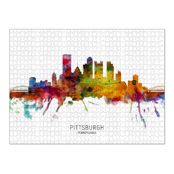 Puzzle Ravensburger "Pittsburgh PA Skyline txt" artboxONE - Städte - Pittsburgh,Pennsylvania,Skyline,Cityscape,Stadtbild,Watercolor,Painting