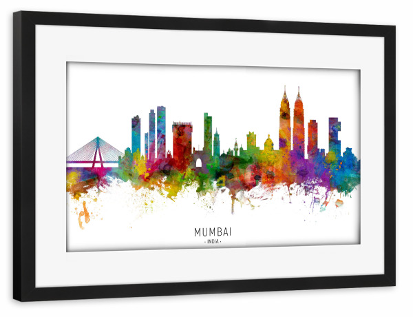 Poster mit Rahmen schwarz "Mumbai Skyline India Bombay txt" artboxONE - Städte - Mumbai,India,Skyline,Cityscape,Stadtbild,Watercolor,Painting