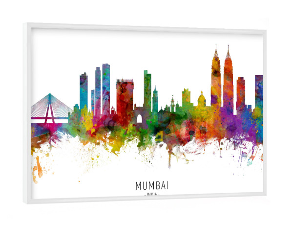 Poster mit weißem Rahmen "Mumbai Skyline India Bombay txt" artboxONE - Städte - Mumbai,India,Skyline,Cityscape,Stadtbild,Watercolor,Painting