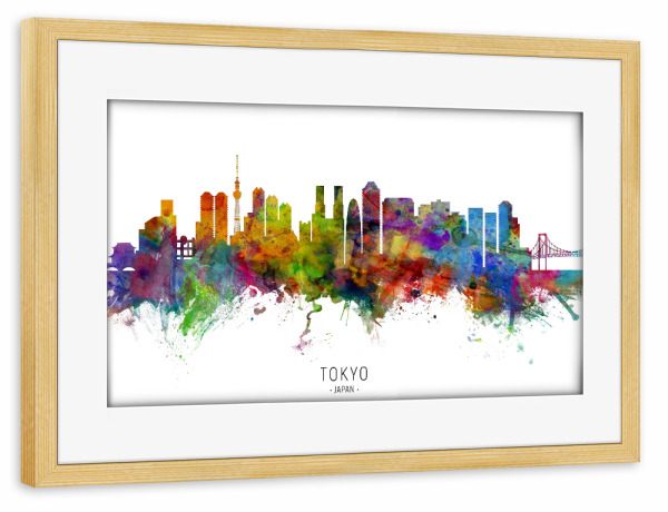 Poster mit Rahmen kiefer "Tokyo Japan Skyline txt" artboxONE - Städte / Tokio - Tokyo,Japan,Skyline,Cityscape,Stadtbild,Watercolor,Painting