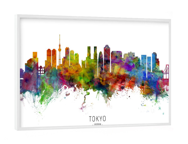 Poster mit weißem Rahmen "Tokyo Japan Skyline txt" artboxONE - Städte / Tokio - Tokyo,Japan,Skyline,Cityscape,Stadtbild,Watercolor,Painting