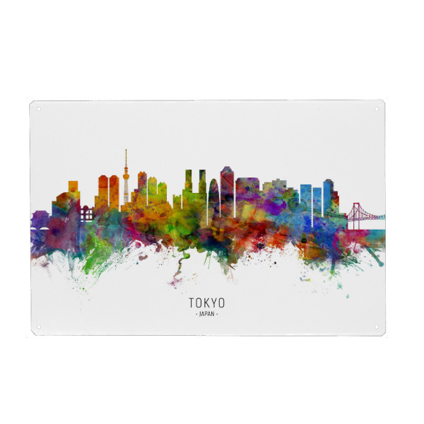 Metall Poster "Tokyo Japan Skyline txt" artboxONE - Städte / Tokio - Tokyo,Japan,Skyline,Cityscape,Stadtbild,Watercolor,Painting - Blechschild