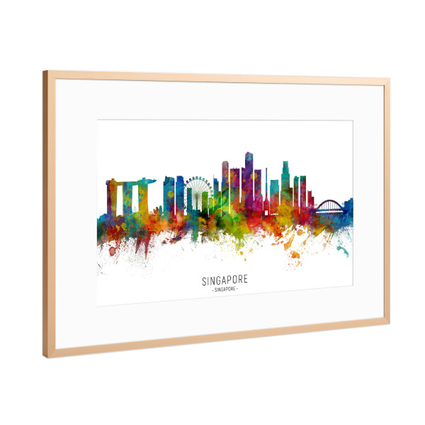 Poster mit Rahmen Kupfer "Singapore Skyline txt" artboxONE - Städte / Singapur - Singapore,Skyline,Cityscape,Stadtbild,Watercolor,Painting