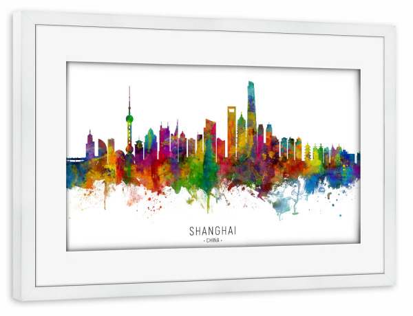 Poster mit Rahmen weiß "Shanghai China Skyline txt" artboxONE - Städte / Shanghai - Shanghai,China,Skyline,Cityscape,Stadtbild,Watercolor,Painting